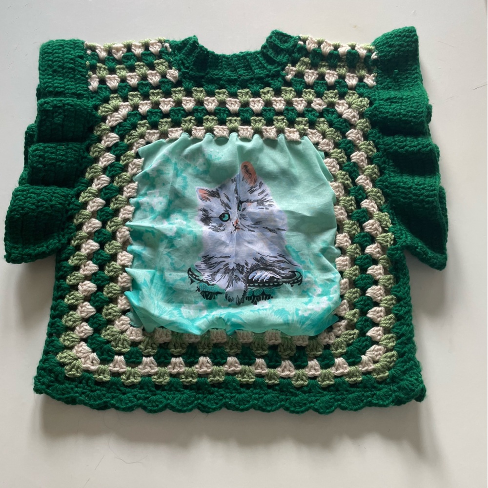 Handmade Crocheted sweater crop top with cat handkerchief design